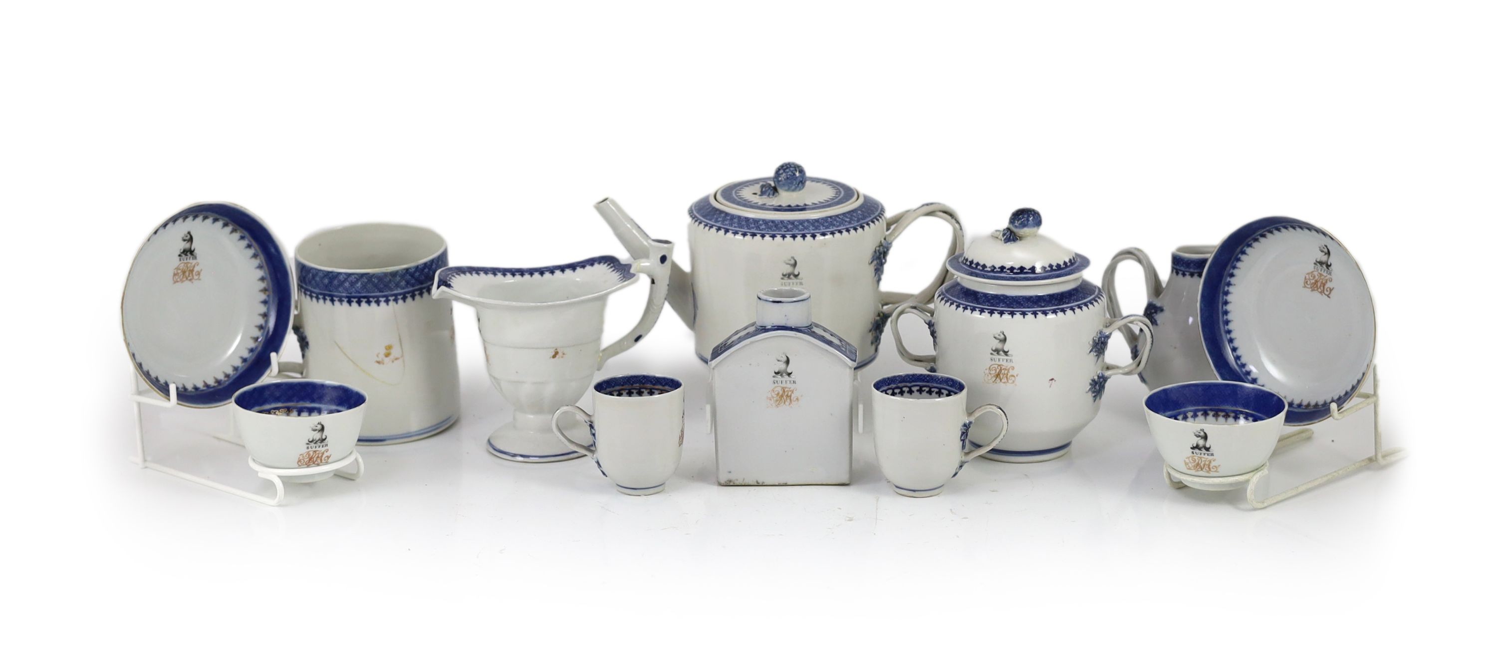 A Chinese export armorial forty two piece part tea service, late 18th century, decorated with the Haldane crest and motto 'Suffer'